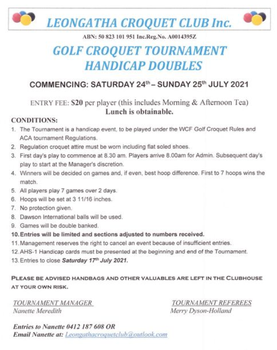 Leongatha Golf Croquet Tournament Handicap doublesa4 poster Wodonga Croquet Club